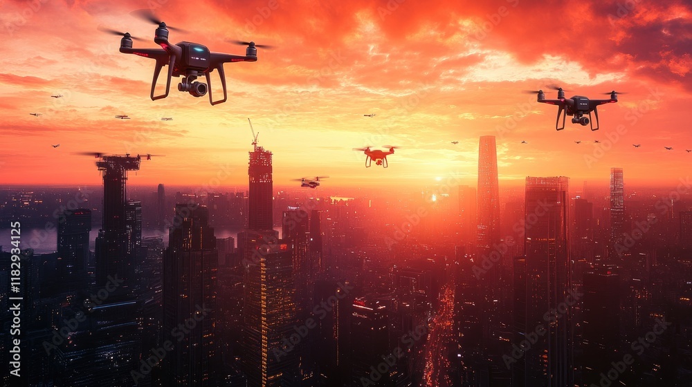 Poster a vibrant sunset scene in a futuristic city, with drones hovering above the sleek buildings, creatin
