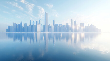 Fototapeta premium serene view of Chicago skyline reflecting on calm waters, showcasing modern architecture