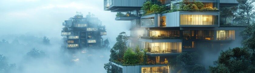 Fototapeta premium Modern Eco-Friendly Architecture Surrounded by Fog and Nature