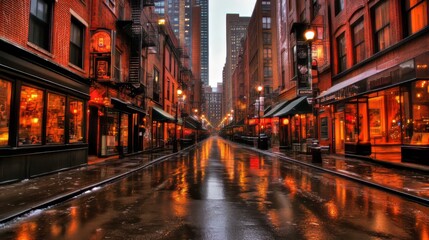 Fototapeta premium Rainy Night Cityscape, Cobblestone Street, Illuminated Shops