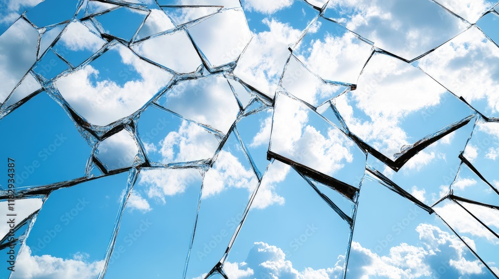 Poster abstract composition of cracked mirror fragments arranged on a white surface, reflecting the expansi