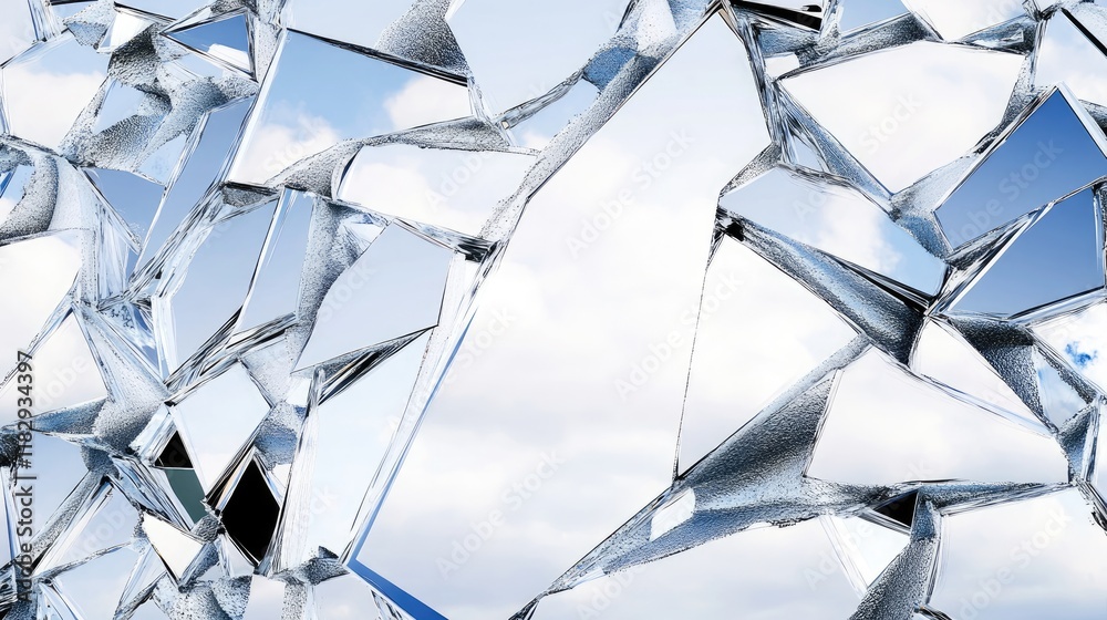 Poster abstract composition of cracked mirror fragments arranged on a white surface, reflecting the expansi
