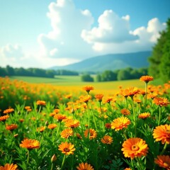 Field of wild carrot with yellow-orange flowers swaying in the wind, plants, garden, floral