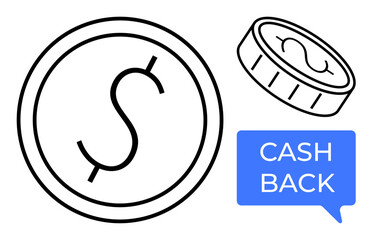 Dollar coin with cash back speech bubble. Ideal for financial savings, rewards programs, budgeting, discounts, incentives, promotions, economic transactions. Illustrated in abstract line flat