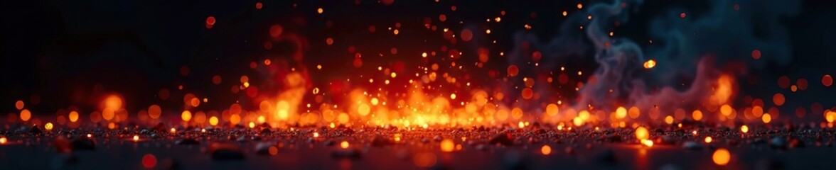 Flickering fire embers on isolated dark background with glowing sparks, flicker, sparks