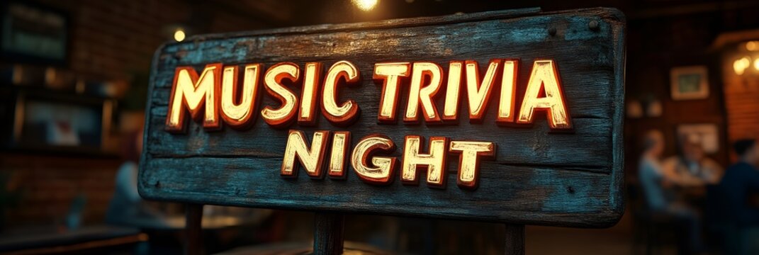 A sign that reads &ldquo;MUSIC TRIVIA NIGHT&rdquo; - PUB - BAR - QUIZ - CONTEST - THEME NIGHT