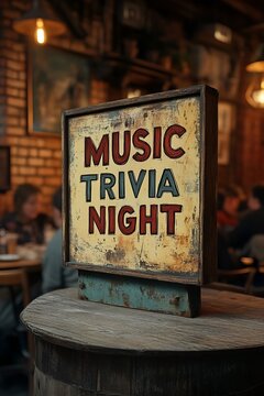A sign that reads &ldquo;MUSIC TRIVIA NIGHT&rdquo; - PUB - BAR - QUIZ - CONTEST - THEME NIGHT