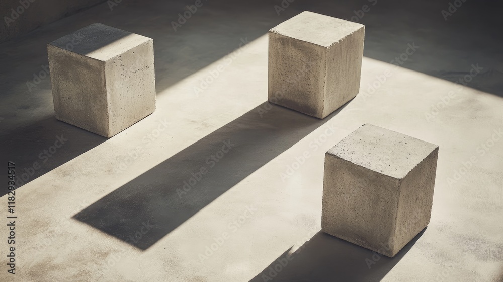 Poster abstract geometric arrangement of minimalist concrete cubes casting intriguing shadows on a neutral 