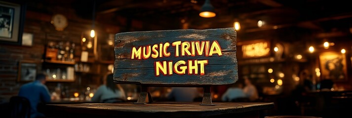 A sign that reads &ldquo;MUSIC TRIVIA NIGHT&rdquo; - PUB - BAR - QUIZ - CONTEST - THEME NIGHT
