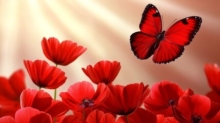 Obraz premium Red Butterfly and Poppies in Sunlight Radiance