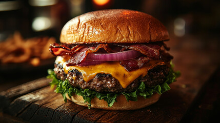 close up of delicious gourmet burger with melted cheese, bacon, and onions