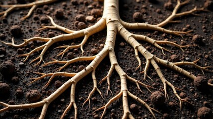 Fototapeta premium Detailed Close-up of a Tree's Extensive Root System Embedded Deep Within Rich Soil