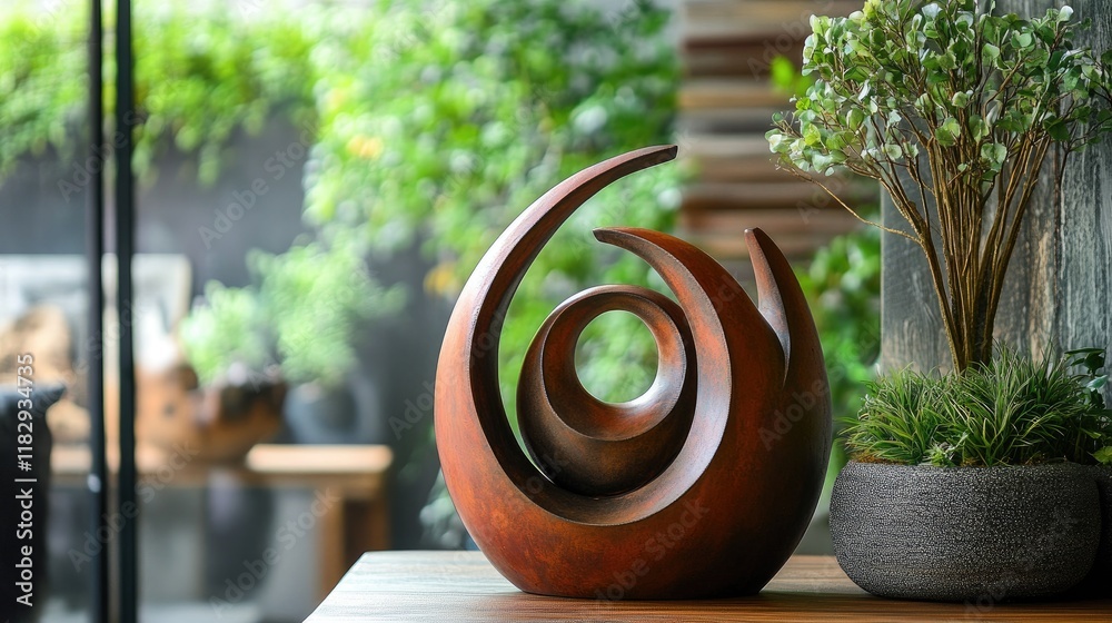 Aufkleber an abstract sculpture with elegant curves and minimalist design in rust-toned metal, offering a stri