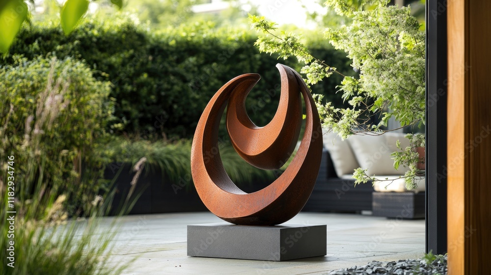 Aufkleber an abstract sculpture with elegant curves and minimalist design in rust-toned metal, offering a stri