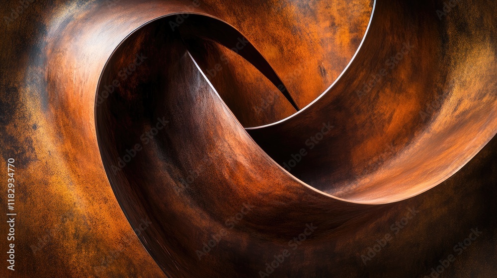 Aufkleber an abstract sculpture with elegant curves and minimalist design in rust-toned metal, offering a stri