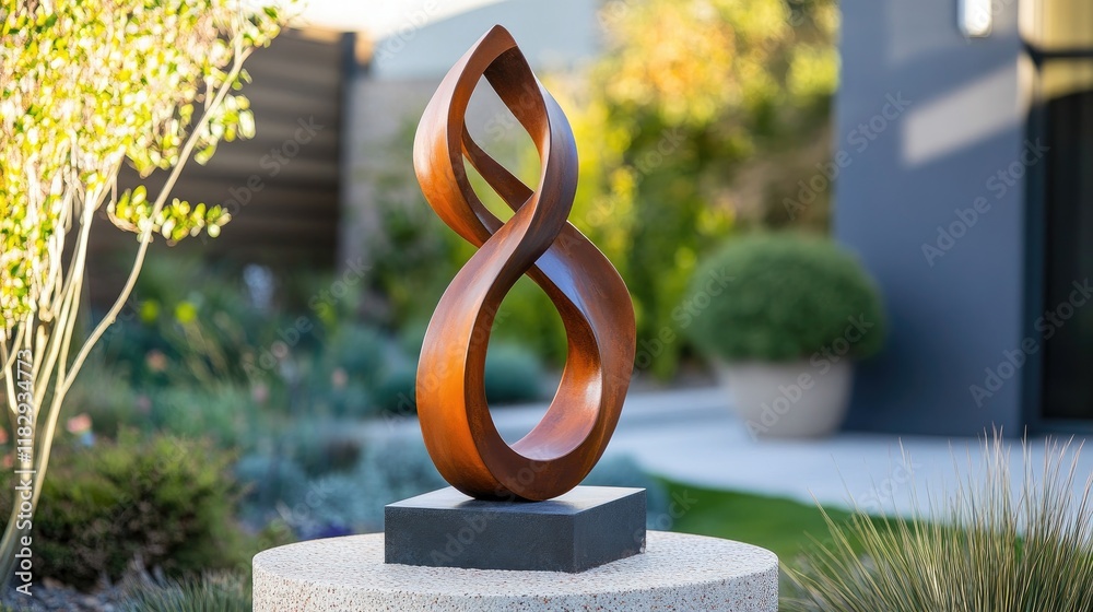 Aufkleber an abstract sculpture with elegant curves and minimalist design in rust-toned metal, offering a stri