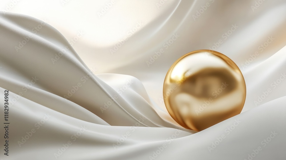 Poster an elegant golden sphere resting on an abstract, flowing white background, evoking a sense of refine