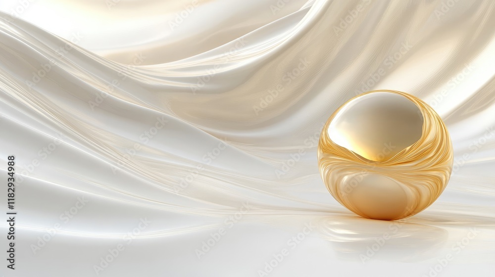 Poster an elegant golden sphere resting on an abstract, flowing white background, evoking a sense of refine