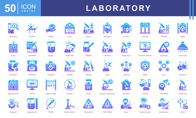 Laboratory icon set of lab, university, microscope, hospital, school, medical, innovation, safety, clinic, physics, scientific, cell, poison, experiment, equipment, crime, beaker, chemist, flammable.