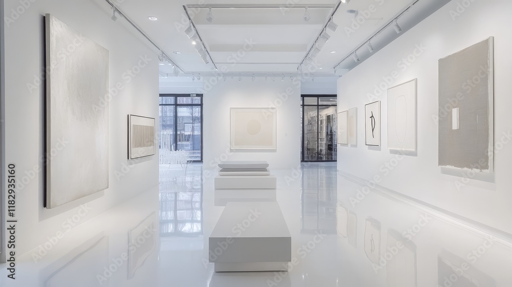 Poster an elegant, minimalist white art gallery with modern decor, featuring tasteful displays that emphasi