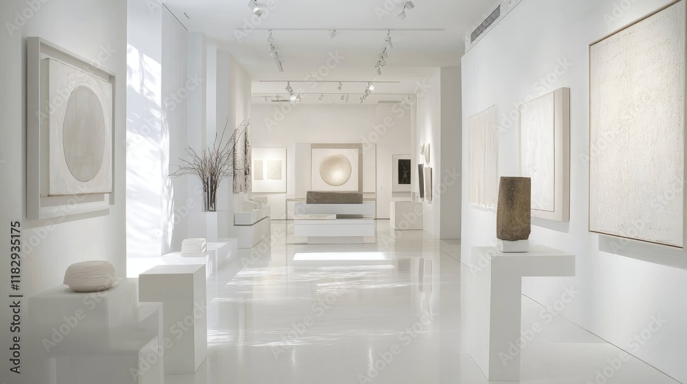 Poster an elegant, minimalist white art gallery with modern decor, featuring tasteful displays that emphasi