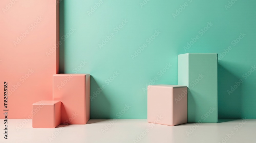 Poster Pastel-Colored Cubes Against a Two-Tone Background, Ideal for Product Display or Modern Minimalist Design