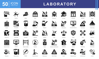 Laboratory icon set of lab, university, microscope, hospital, school, medical, innovation, safety, clinic, physics, scientific, cell, poison, experiment, equipment, crime, beaker, chemist, flammable.
