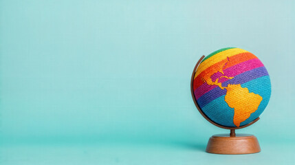 Colorful globe with rainbow pattern representing diversity and inclusion on a wooden base against blue background