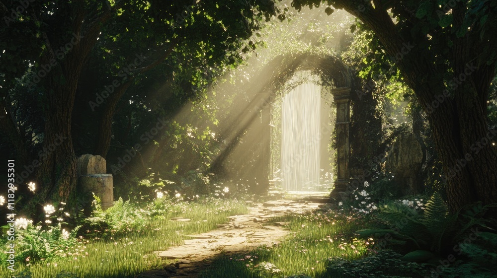 Poster An ethereal forest portal surrounded by rich green foliage, with light streaming through the trees and a beautiful waterfall adding to the enchantment.