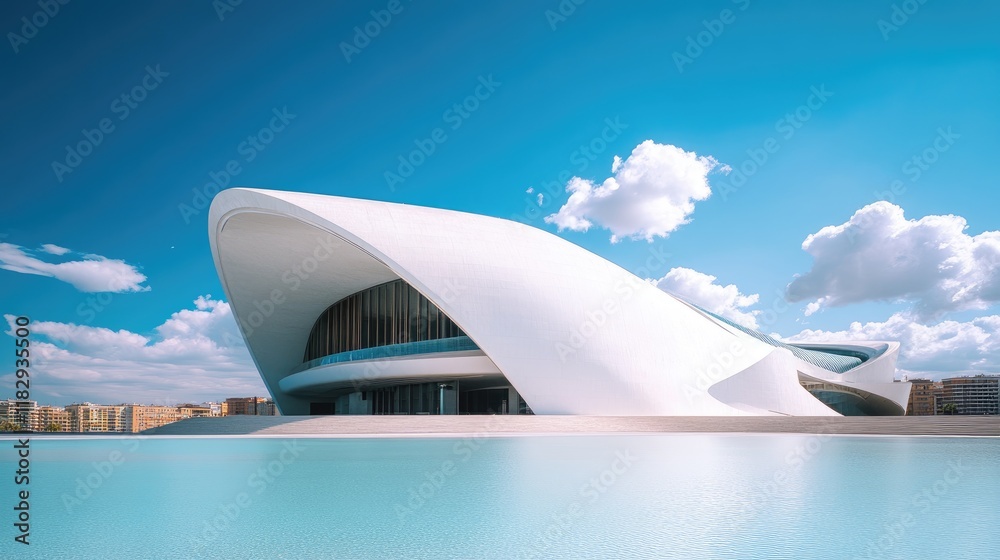 Poster An eye-catching modern geometric architecture with sharp, clean lines, creating a powerful contrast against the vibrant blue sky above.