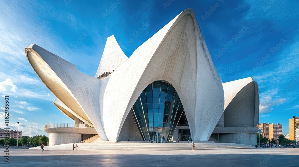 Poster An eye-catching modern geometric architecture with sharp, clean lines, creating a powerful contrast against the vibrant blue sky above.