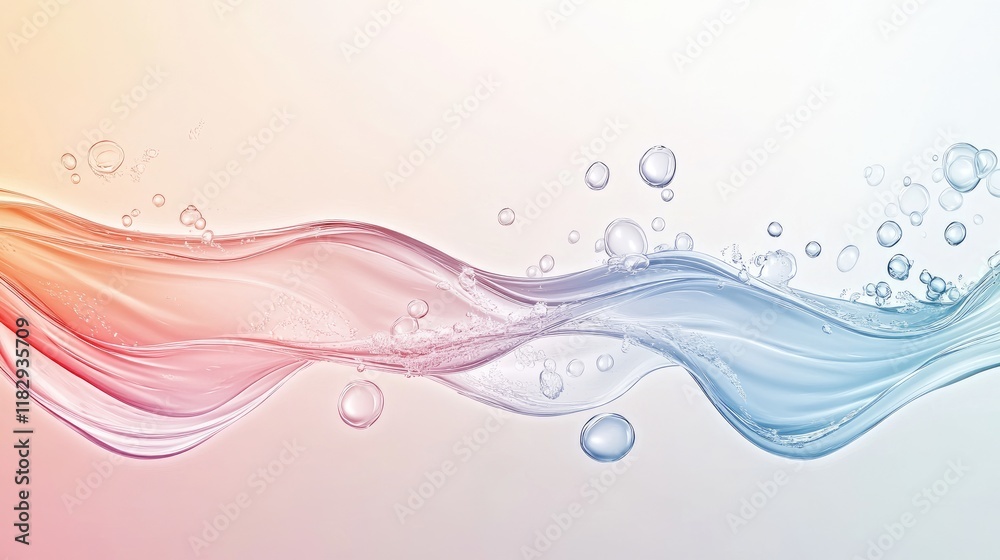Poster Beautiful abstract representation of transparent liquid waves and bubbles, surrounded by a gradient background that gently transitions between colors