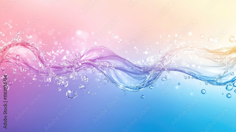Poster Beautiful abstract representation of transparent liquid waves and bubbles, surrounded by a gradient background that gently transitions between colors