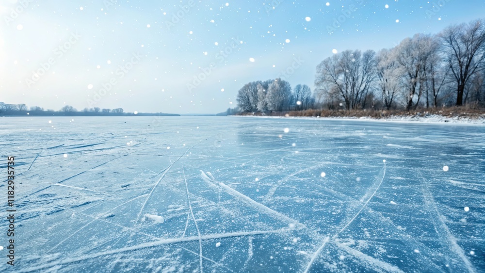 Aufkleber a frozen lake with snow on the ground and trees in the background