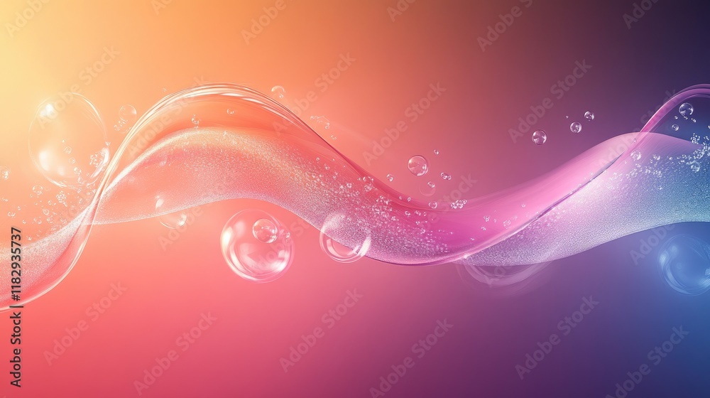 Poster Beautiful abstract representation of transparent liquid waves and bubbles, surrounded by a gradient background that gently transitions between colors