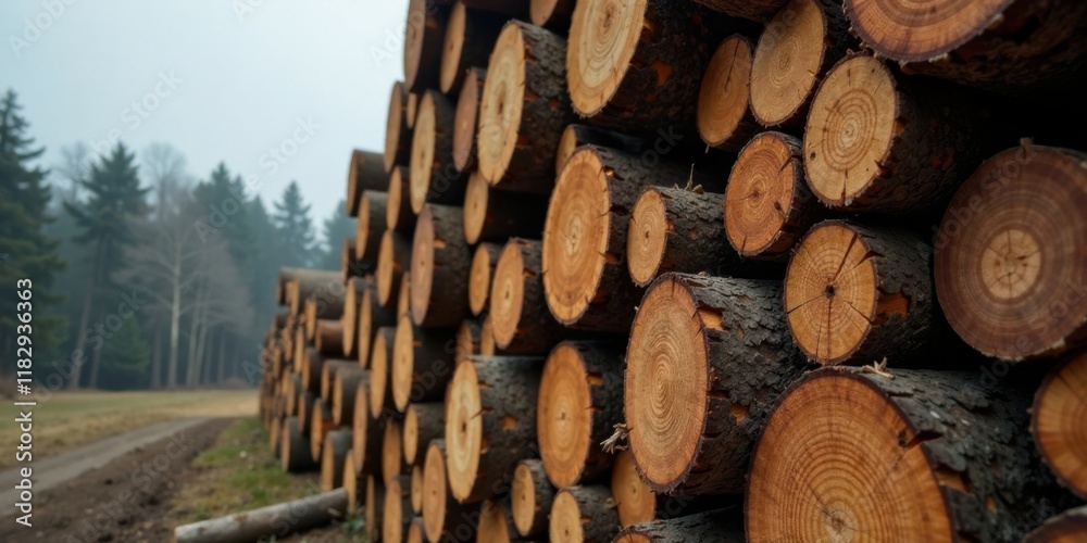 Poster a towering stack of freshly cut timber logs, neatly arranged in a forest setting, awaiting transport
