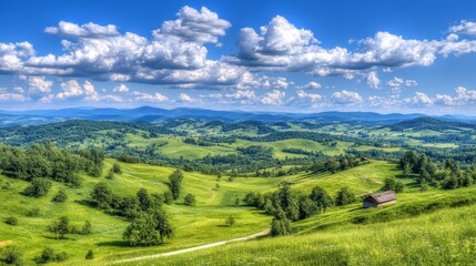 Naklejka premium Rolling Green Hills Summer Landscape Farmhouse View
