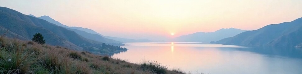 Fototapeta premium Minimalist landscape with a serene lake in the distance, quiet, serene, peaceful