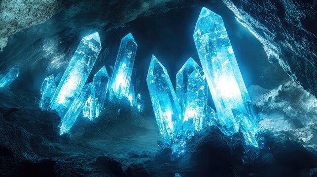 Blue crystals glowing in the darkness of an underground mine tunnel, creating a captivating and magical ambiance in the deep underground world.