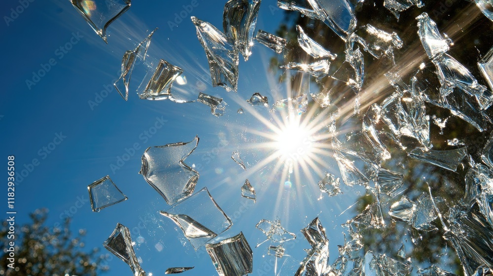 Poster broken glass fragments sparkling in the sunlight, set against a brilliant blue sky, offering a dynam