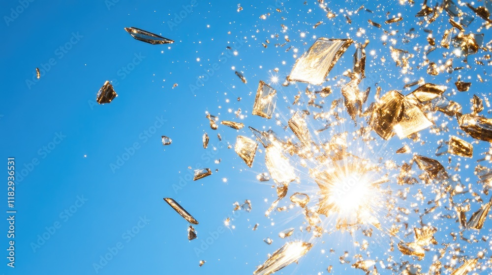 Poster broken glass fragments sparkling in the sunlight, set against a brilliant blue sky, offering a dynam