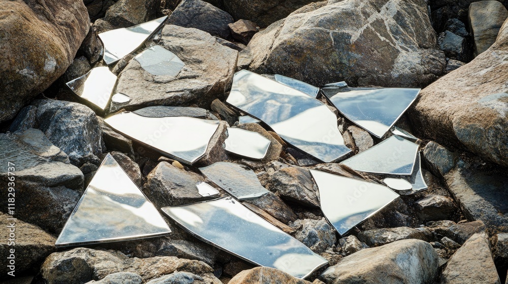 Poster Broken mirror shards scattered across rough rocks, creating a striking contrast between reflective symbolism and natural texture.