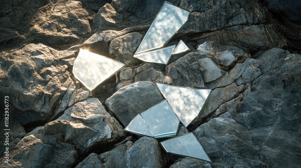 Poster Broken mirror shards scattered across rough rocks, creating a striking contrast between reflective symbolism and natural texture.