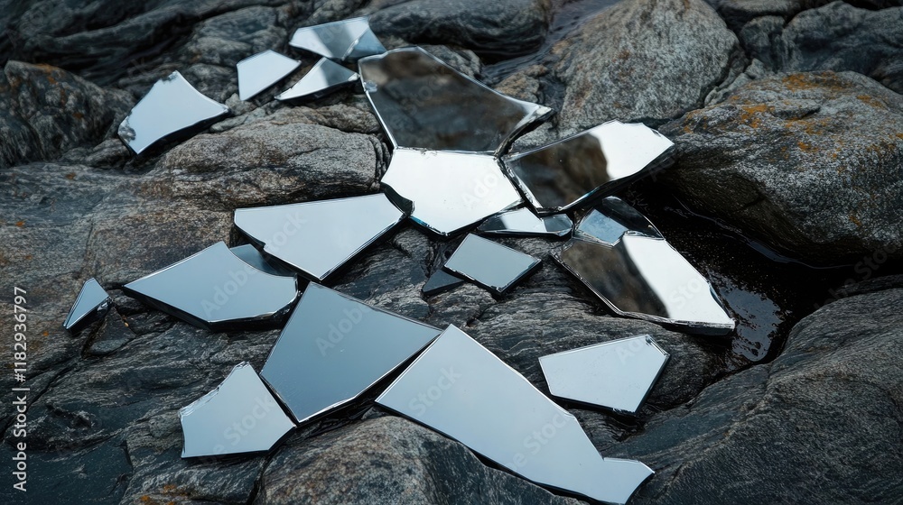 Poster Broken mirror shards scattered across rough rocks, creating a striking contrast between reflective symbolism and natural texture.