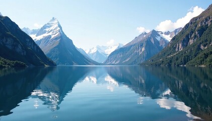 Mountain peaks reflected in still waters of a fjord, reflection, glassy surface