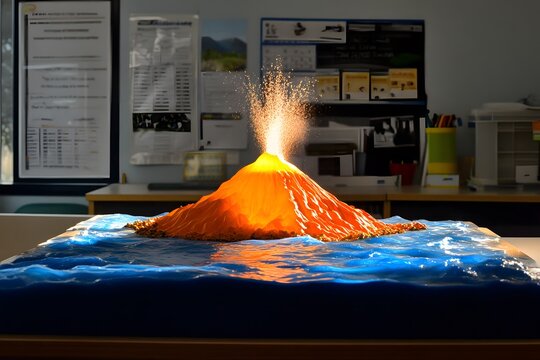 Volcano model, erupting, under bright light, classroom science fair backdrop. 
