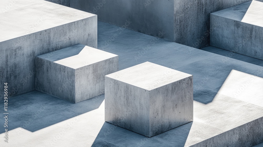 Poster Clean and modern composition featuring concrete cubes in a minimalist layout, casting sharp, interesting shadows on the surface below.