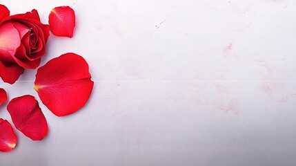 Romantic Red Rose Petals on Marble Background