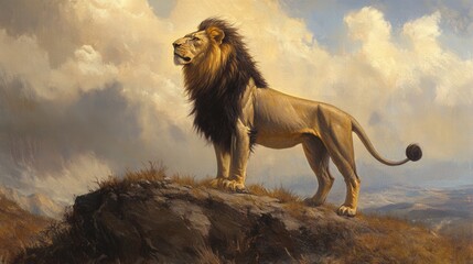 Obraz premium A lion standing on a hilltop, its mane blowing in the breeze as it surveys the land