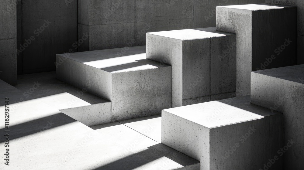 Poster Clean and modern composition featuring concrete cubes in a minimalist layout, casting sharp, interesting shadows on the surface below.